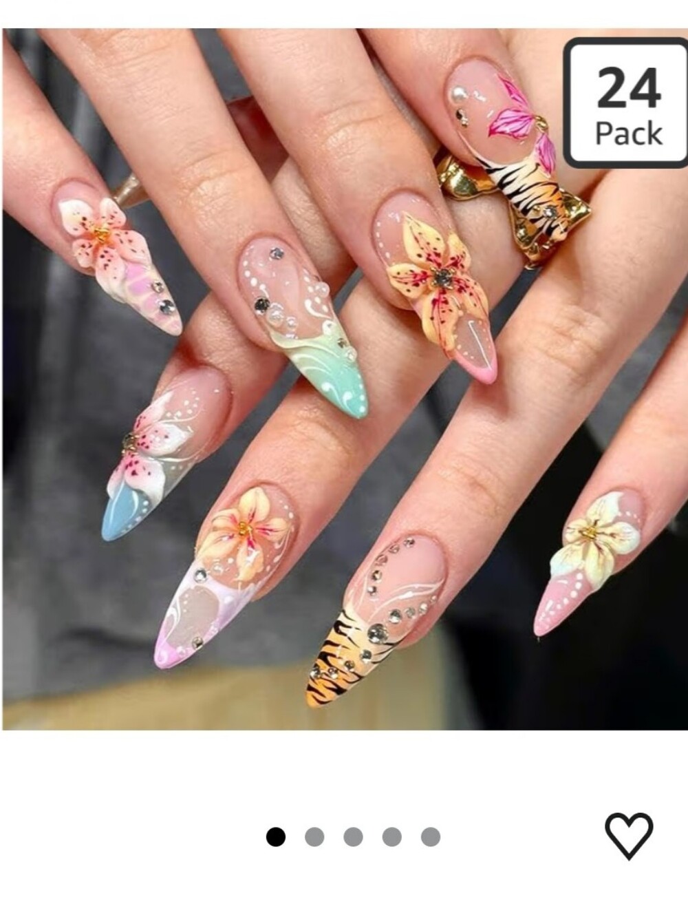 Floral 3D Press-On Nails Set - Tiger, Rhinestone